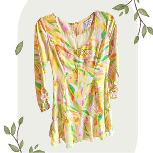 Lost + Wander Vibrant Retro Floral Watercolor Long Sleeve Mini Dress- Size S